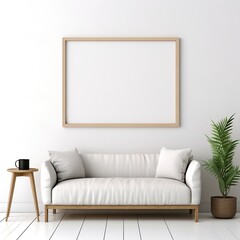 Bright living room interior with white sofa, coffee table, plant, and empty frame