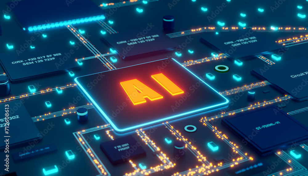 Poster orange and blue illuminated ai processor on the motherboard. computer parts, artificial intelligence