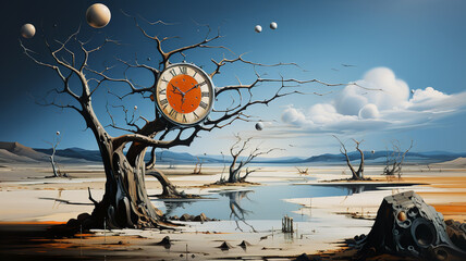 A dystopian landscape with a tree featuring a large clock, surrounded by barren trees, reflective water, and floating orbs under a surreal sky.Art concept. AI generated. - obrazy, fototapety, plakaty