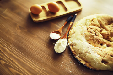 Lavash from whole grain durum flour. Handmade fresh pastries. Flour product. Bread, flour and ingredients.
