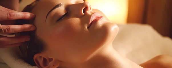 Stof per meter Schoonheidssalon Close-up of masseur's hands massaging the face and hair of a beautiful young woman with a luxurious golden honey mask, organic skin care. Spa treatments. Deep relaxation. Facial skin care