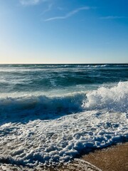 Sand beach, sea coastline, pure blue sky, natural seascape background, no people