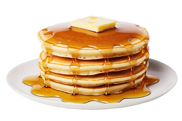 stack of pancake with honey syrup on the white plate on isolated transparent background