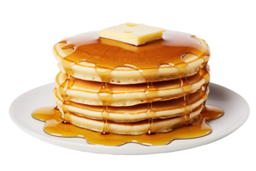stack of pancake with honey syrup on the white plate on isolated transparent background