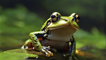 Obraz premium A frog sits on a leaf in water