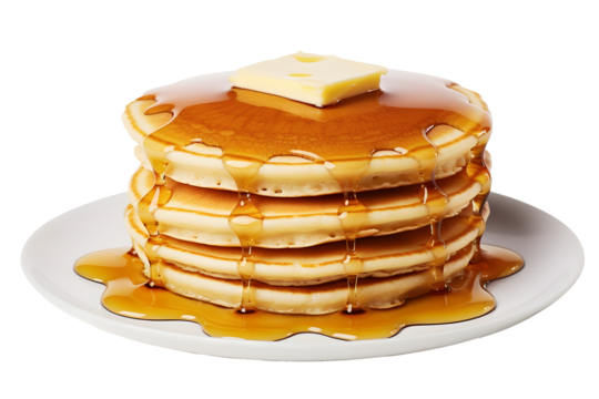 stack of pancake with honey syrup on the white plate on isolated transparent background