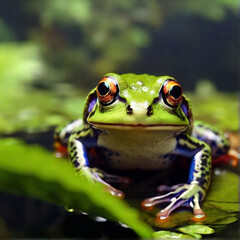 A frog sits on a leaf in water