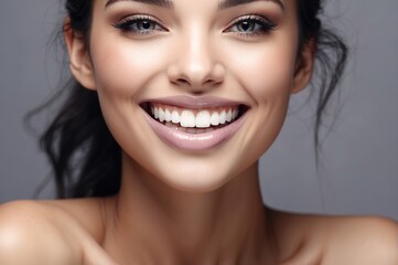 Fototapeta premium Close Up woman Beautiful smile on grey background