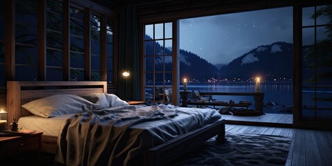 Bedroom in the cabin by the lake in the evening