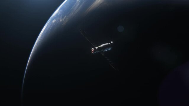 The space module flies through the darkness of space, highlighting the theme of space exploration and discovery.
