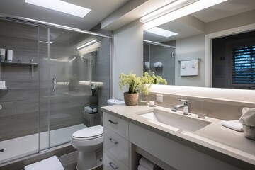 Fototapeta na wymiar Modern bathroom interior with large glass shower and vessel sink