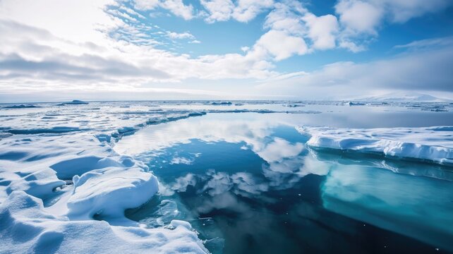 harshness of the Arctic landscape in the reflections in the clear water of massive glaciers and clouds in the blue sky. Global warming problem,