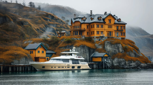 A photo of a rich old mansion on the shore of a harsh Norwegian fjord, located on a hill, a luxury yacht located on the pier next to the house.  The concept of quiet luxury