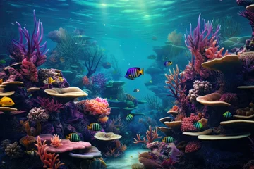 Fotobehang Tropical sea underwater fishes on coral reef. Aquarium oceanarium wildlife colorful marine panorama landscape nature snorkel diving ,coral reef and fishes © Nognapas