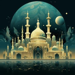 Ramadan mubarak greeting card. Flat ramadan illustration with arabic mosque and arabic temple. Ramadan background with arabic elements.