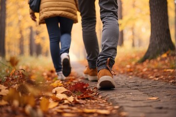 Group of tourists walks along the path of the autumn forest