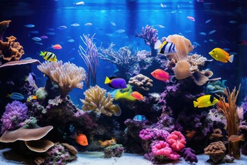 Tropical sea underwater fishes on coral reef. Aquarium oceanarium wildlife colorful marine panorama landscape nature snorkel diving ,coral reef and fishes