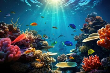 Fototapeta na wymiar Tropical sea underwater fishes on coral reef. Aquarium oceanarium wildlife colorful marine panorama landscape nature snorkel diving ,coral reef and fishes
