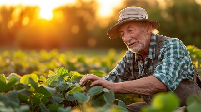 Elder farmer inspecting his crops in field with a big copy space, Generative AI.