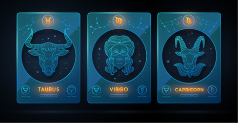 Set of neon modern magic witchcraft cards with astrology earth zodiac signs. Zodiac characteristic. Taurus, Virgo, Capricorn Zodiac icons. Vector illustration © annbozhko