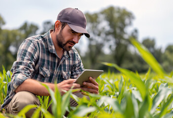 Man Sitting in Field Looking at Tablet, Technology in Nature