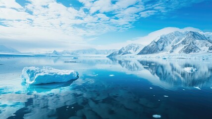 harshness of the Arctic landscape in the reflections in the clear water of massive glaciers and clouds in the blue sky. Global warming problem,
