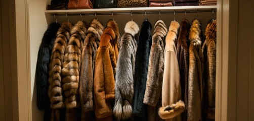  a bunch of furs hanging on a rack in a closet next to a purse and a pair of purses on a shelf next to a pair of shoes.