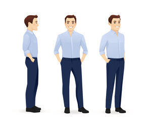 Business man in blue shirt in different sides view from the front, from the side and half turn with hands in the pockets. Vector illustration isolated