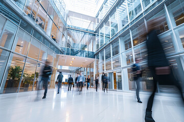 Group of People Walking Through Lobby in a Business Setting