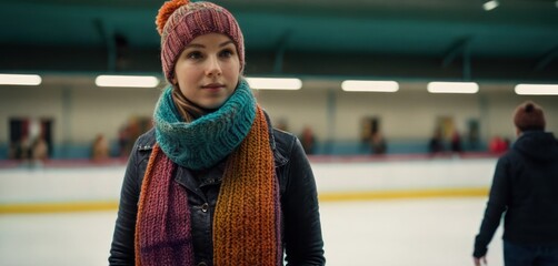  a woman standing on a ice rink wearing a colorful scarf and a knitted hat with pom pom on top of her head and a man in the background.