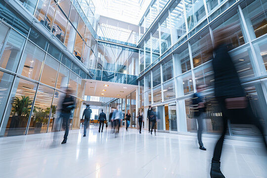 Group of People Walking Through Lobby in a Business Setting