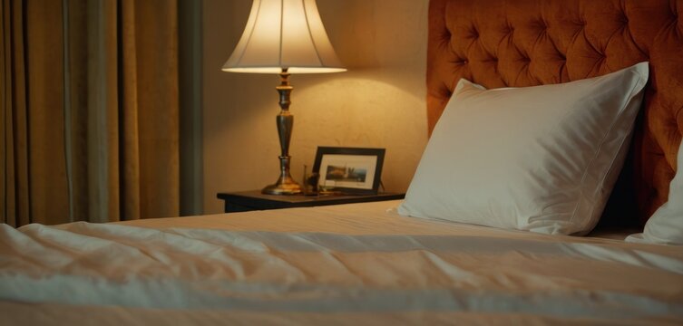 a close up of a bed with a lamp and a picture on the side of the bed and a picture on the side of the bed on the side of the bed.