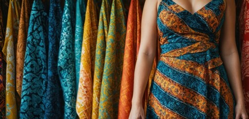  a woman in a colorful dress standing in front of a row of colorful dresses hanging on a rack in front of a wall of colorful curtained fabric draperies.