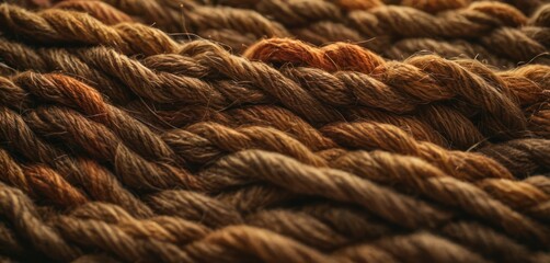 a close up of a rope that is brown and orange with some brown and orange yarn on top of it and some brown and orange yarn on the bottom of the rope. - obrazy, fototapety, plakaty