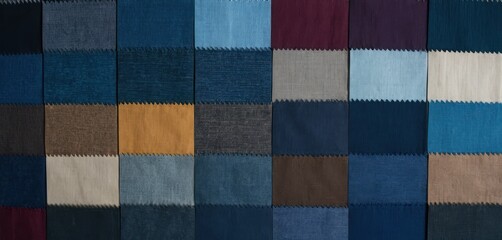  a wall that has a bunch of different colors of fabric on it, all of which are different shades of blue, brown, tan, black, and white.
