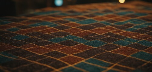  a close up of a bed with a brown and blue checkered bedspread with a blurry light in the background and a blurry light at the end of the bed. - obrazy, fototapety, plakaty