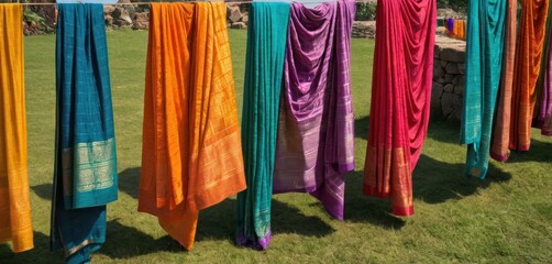  a line of colorful towels hanging on a clothes line in the grass with a stone wall in the background in the background is a stone wall and a stone wall in the foreground.