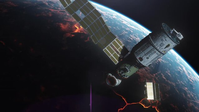A broken satellite, surrounded by spare parts, flies in space against a planet engulfed in fire