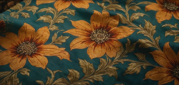  a close up of a blue and yellow flowered fabric with gold and green leaves and flowers on a teal background with a brown center piece of fabric in the middle of the middle of the picture.