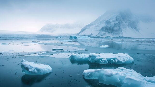 harshness of the Arctic landscape in the reflections in the clear water of massive glaciers and clouds in the blue sky. Global warming problem,