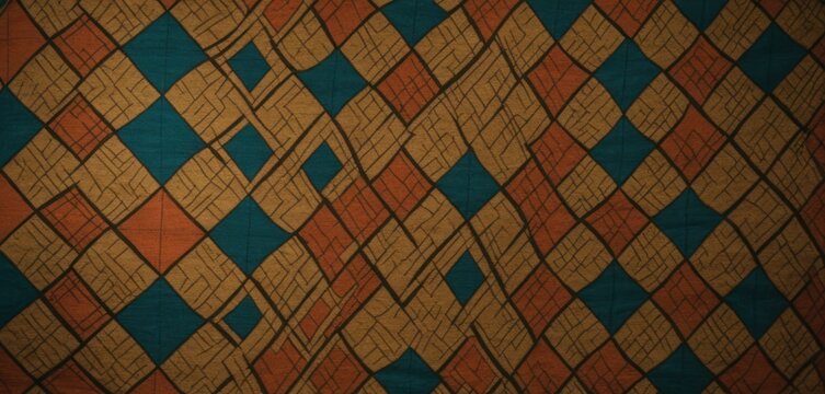  a close up of a wallpaper with a pattern of squares and rectangles in orange, teal, and blue on a brown background of orange and black.