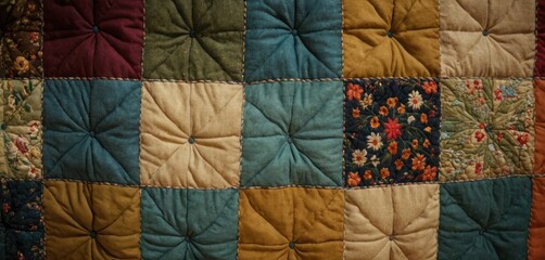 a close up of a patchwork quilt with a flowered design on the center of the quilt and the center of the quilt with a flowered design on the back of the quilt.
