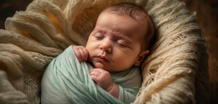  a close up of a baby laying in a basket with a blanket on it's back and a hand on the side of the head of the baby's head.