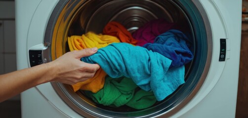  a person's hand is holding a cloth in the front of a washing machine that is filled with colorful towels and folded in front of the front of the washer.