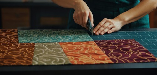  a woman cutting fabric on a table with a pair of scissors and a pair of scissors in front of a piece of fabric that has been cut into four different colors.