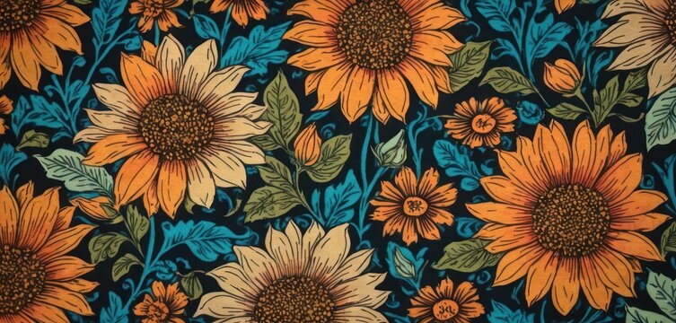  a picture of a bunch of sunflowers that are on a blue and orange background with green leaves and flowers on the bottom half of the sunflowers.