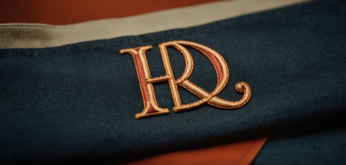  a close up of a person's name on a blue and orange jacket with the letter r in the middle of the chest and the letter r on the back of the jacket. - obrazy, fototapety, plakaty