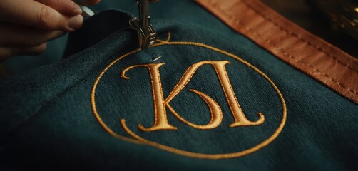  a close up of a person holding a pair of scissors in front of a pair of jeans with the letter k in the middle of the pocket of the pocket. - obrazy, fototapety, plakaty