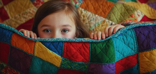  a little girl peeking out from under a colorful quilted bed spread with her hands on the edge of the quilt and her eyes on the edge of the quilt.