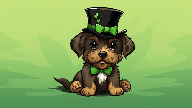 copy space, vector illustration, St Patricks Day Funny Puppy Green, Background Design Images. Beautiful mockup for Saint Patrick’s day. Design for greeting card, invitation, poster.